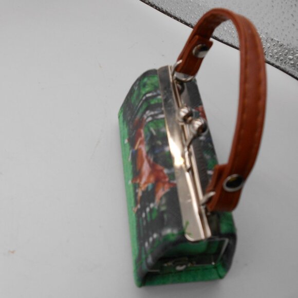 MINI LIPSTICK HORSE THEME PURSE GREEN BROWN AND SILVER CUTE - Picture 8 of 12